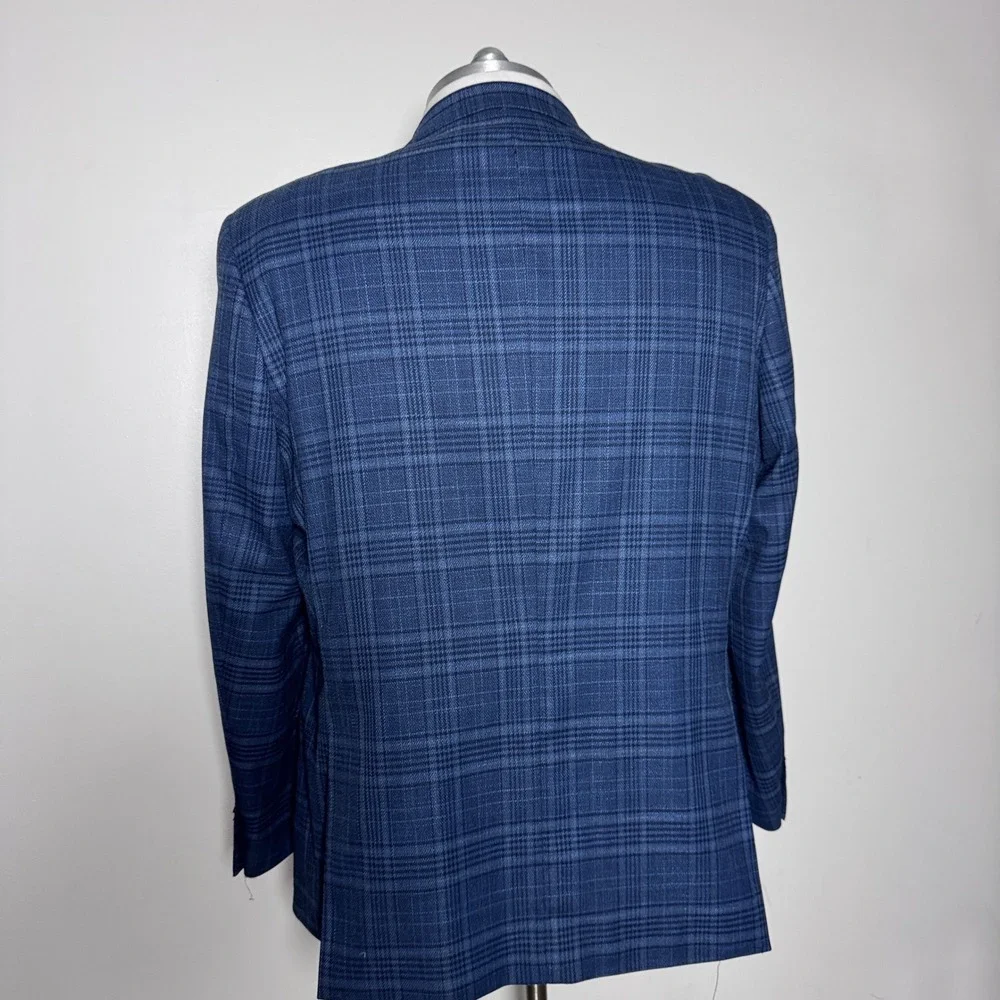 Paul Fredrick Blazer Mens 50L Navy Plaid Two Button Notch Lapel JHU008W